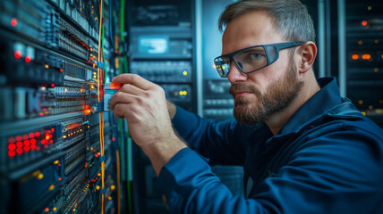 A technician is focused on maintaining fiber optic connection, showcasing expertise and precision