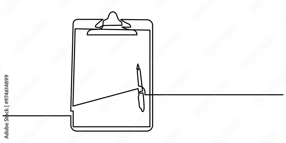Poster one continuous line drawing of clipboard with checklist. isolated on white background, clipboard wit