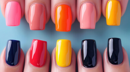Obraz premium Vibrant Nail Polish Collection, a lively array of nail polishes showcasing an extensive range of shades, perfect for trendy beauty enthusiasts seeking colorful nail expressions.