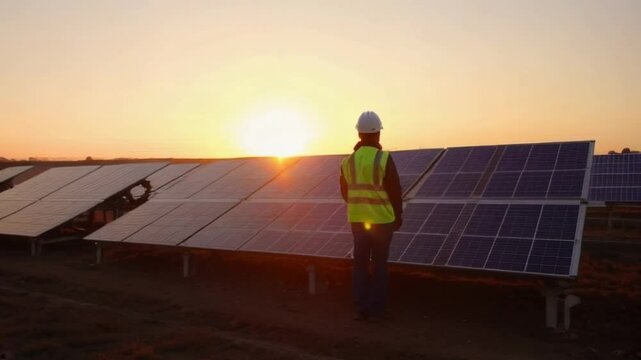 A man in a safety vest stands in front of a row of solar panels. The sun is setting in the background, casting a warm glow over the scene