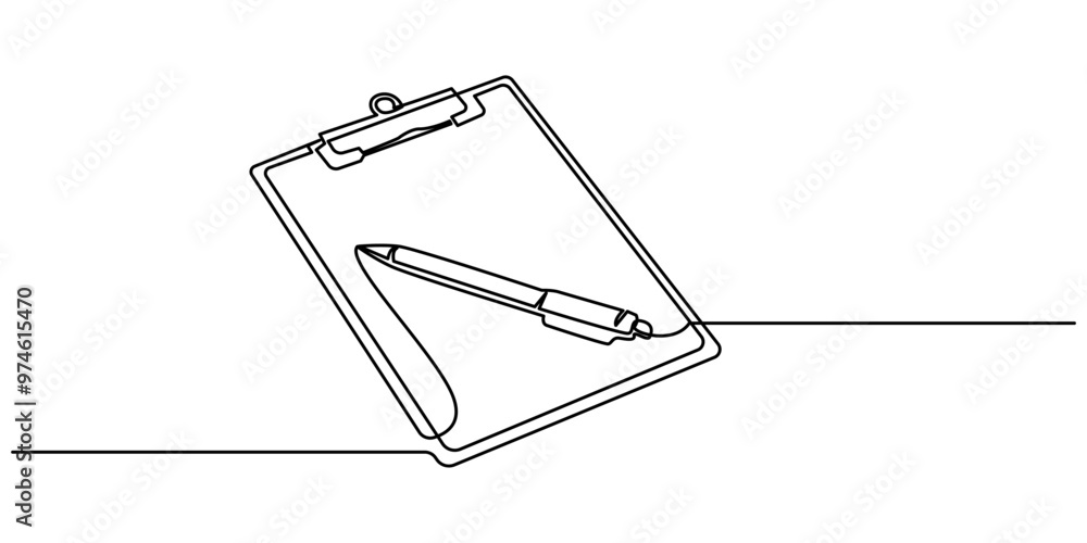Poster one continuous line drawing of clipboard with checklist. isolated on white background, clipboard wit