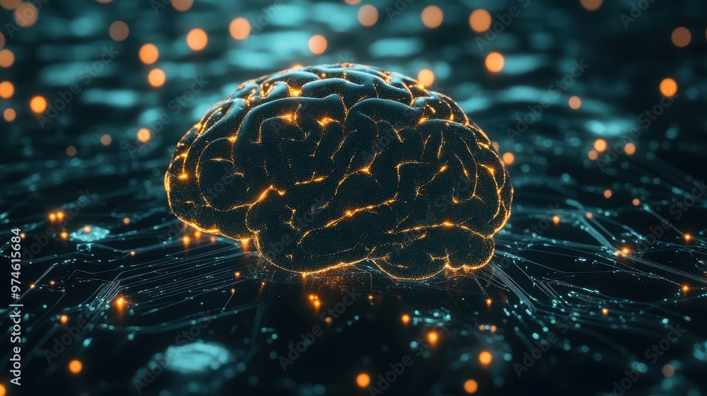 Aufkleber geometric 3d brain with glowing connections, symbolizing cognitive intelligence, soft shadow effect,