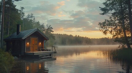 Obraz premium A traditional Finnish sauna ritual by a lakeside, with participants relaxing in the warmth of the sauna before taking a plunge into the cool lake. The scene captures the deep connection to nature 