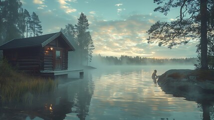 A traditional Finnish sauna ritual by a lakeside, with participants relaxing in the warmth of the sauna before taking a plunge into the cool lake. The scene captures the deep connection to nature 