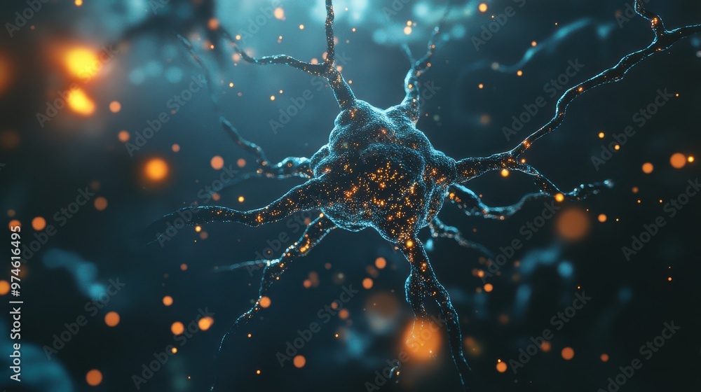 Poster simplified 3d neuron model with glowing connections, representing thought and reasoning, cool tones,
