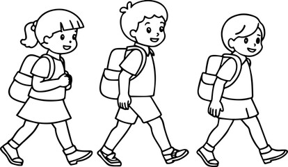 kids wearing school bag are going to school line art vector illustration