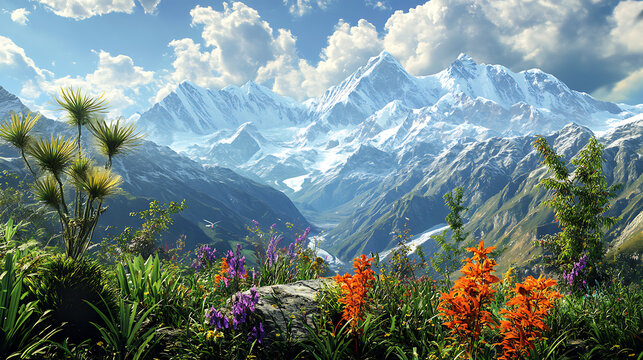 A panoramic view of the Himalayan mountains with various medicinal plants growing in the foreground, showcasing their natural environment 