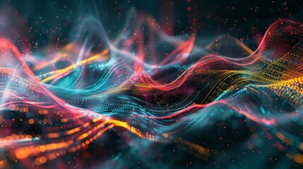 Stunning abstract composition featuring vibrant neon data streams in dynamic patterns