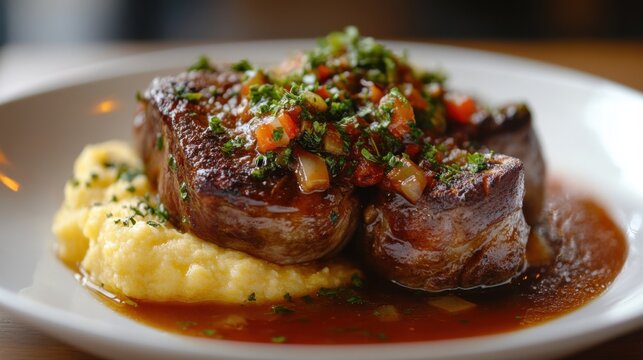 13. A close-up of a plate of osso buco, featuring tender braised veal shanks in a rich tomato and wine sauce, garnished with gremolata and served with creamy polenta.