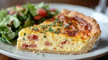 6. A close-up of a slice of quiche Lorraine, with a golden, flaky crust and a rich, creamy filling of eggs, bacon, and cheese, served with a side salad of mixed greens.