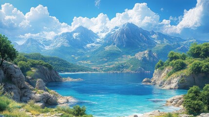 Serene mountain landscape with a tranquil blue lake and lush greenery.