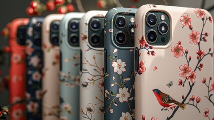 Colorful floral phone cases arranged elegantly among delicate blossoms in a stylish setting during springtime. Generative AI