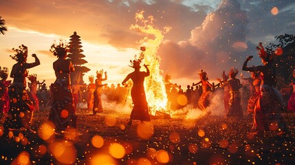 A Balinese Kecak fire dance performance at sunset, with dancers chanting and moving in unison around a central fire. The scene captures the intensity and cultural significance of this traditional 