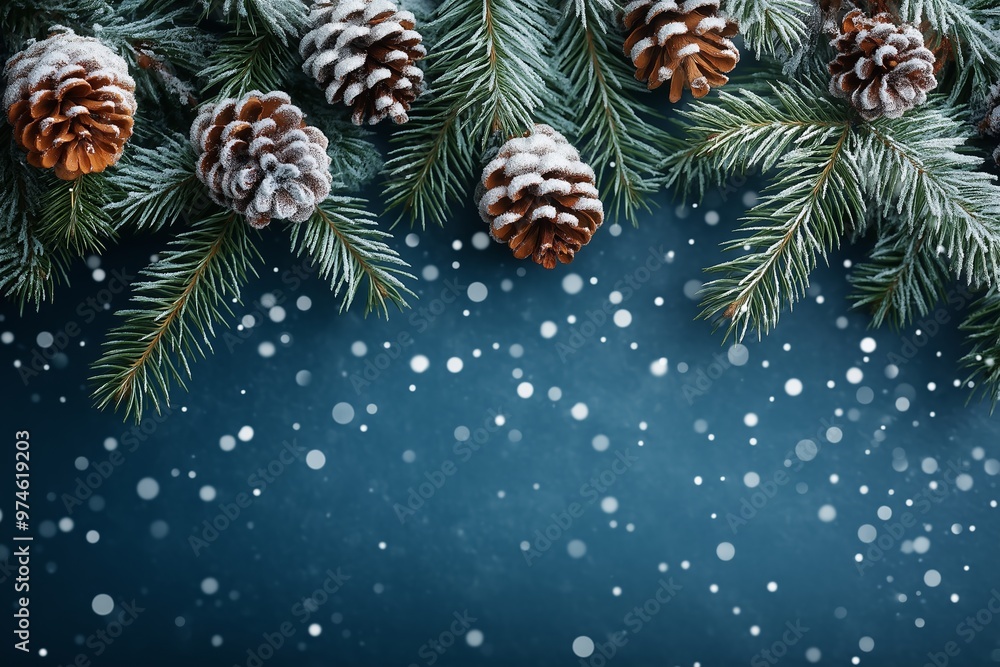 Poster a blue background with snowflakes and pine cones. the pine cones are in various sizes and are scatte