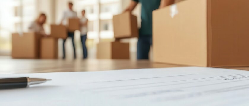 A detailed shot of a mortgage agreement being signed, with a family in the background moving boxes into their new home, symbolizing the culmination of saving and financial planning