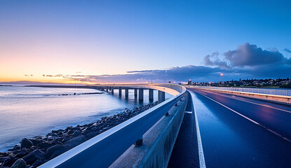 Beautiful view of an asphalt road and a modern bridge over the sea at sunset