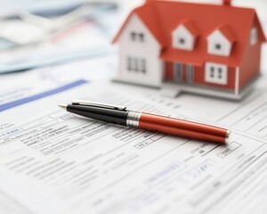 A closeup of a mortgage statement, with a pen lying across it, surrounded by financial documents, highlighting the importance of managing finances for home ownership