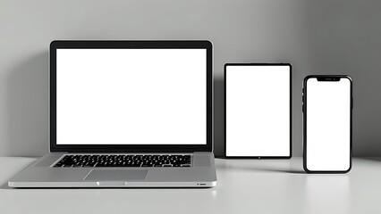 Laptop and smartphone, both with blank screens, set against a light background. Ideal for technology mockups, digital design, and marketing materials.