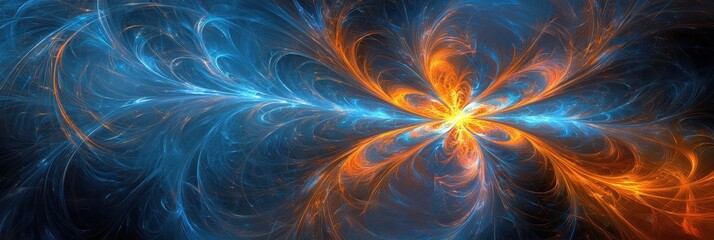 A vibrant abstract design showcasing swirling blue and orange patterns, evoking energy and dynamism in a cosmic setting.