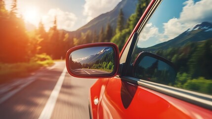 The rear view mirror of the car reflects mountains  open road in summer. A beautiful landscape is reflected in the side window.