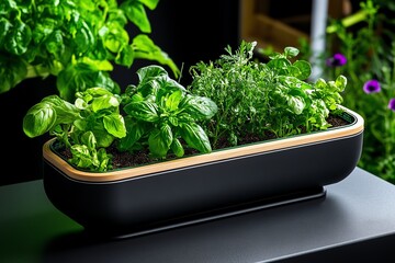 A compact urban gardening kit designed for apartment dwellers, filled with easy-to-grow herbs and vegetables