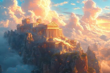 fantastical palace atop mount olympus ethereal clouds majestic columns shimmering golden details mythical creatures otherworldly atmosphere
