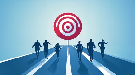 A diverse group of enthusiastic people are running towards a target