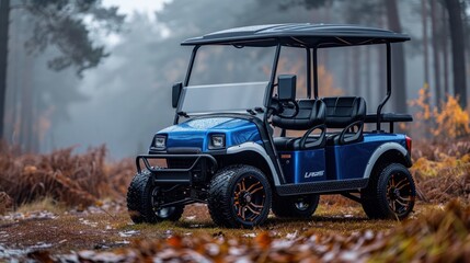 Obraz premium A vibrant electric cart parked amidst misty woods, perfect for exploring nature trails and serene landscapes. Generative AI