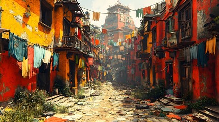 Obraz premium Bustling street in an old slum, with locals navigating through narrow pathways filled with debris. The 3D art highlights the resilience of the community despite the harsh surroundings