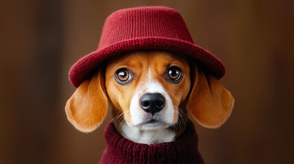 A dog wearing a red hat and a red sweater. The dog has a sad expression on its face