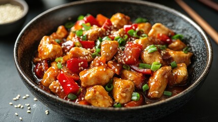 6. A beautifully presented bowl of kung pao chicken, featuring tender chicken pieces stir-fried with peanuts, bell peppers, and dried chilies, garnished with chopped scallions and sesame seeds.