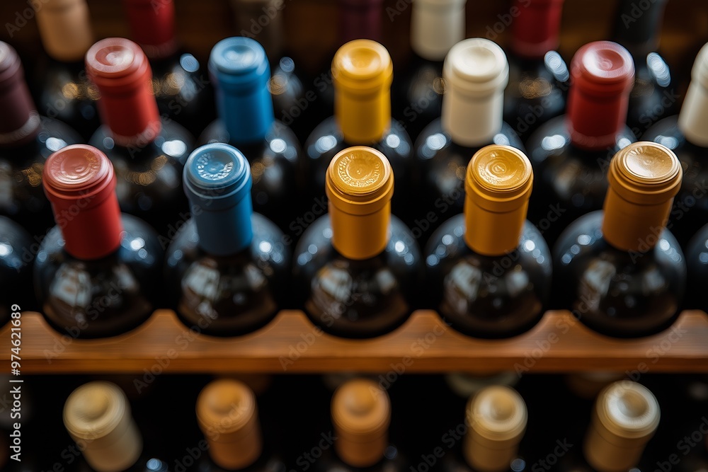 Poster a row of wine bottles with different colored caps. the bottles are lined up on a shelf. the colors o