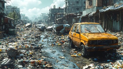 Abandoned vehicles and garbage-strewn streets in an old slum district, with makeshift homes in the background. The 3D rendering creates a sense of isolation and abandonment