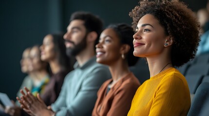 Fototapeta premium Young Woman with Curly Hair Listening Attentively in a Group Setting