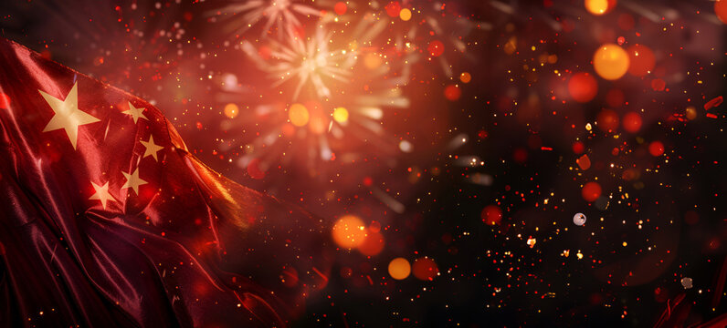 Chinese flag illuminated by vibrant fireworks during a festive night celebration, National Day China