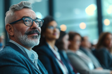 Elderly Caucasian woman attentively participating in a seminar among peers, emphasizing lifelong learning