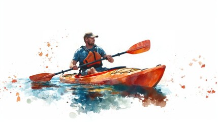 Fototapeta premium A kayaker rafting struggling with water splashes in boat in rapid river in mountain