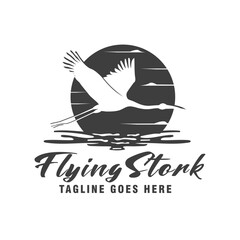 Sunset with Cranes Flying Over River, Nature and Wildlife Logo Design