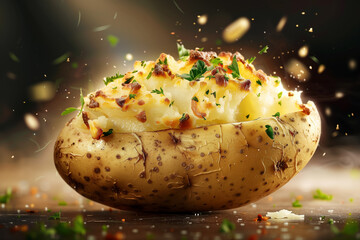 Baked potato in a cup floating on the air, decorated with bacon peppermint potato lemon garlic and shallots, Hyper-realistic style, Generative AI