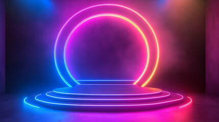 Stage or podium pedestal with blue neon round light product background, stand show cosmetic product,Blank Pedestal minimal concept template,Futuristic showcase for product presentation