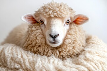 fluffy sheep with expressive face isolated on pure white background highkey studio lighting accentuating wooly texture