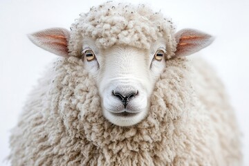 fluffy sheep with expressive face isolated on pure white background highkey studio lighting accentuating wooly texture