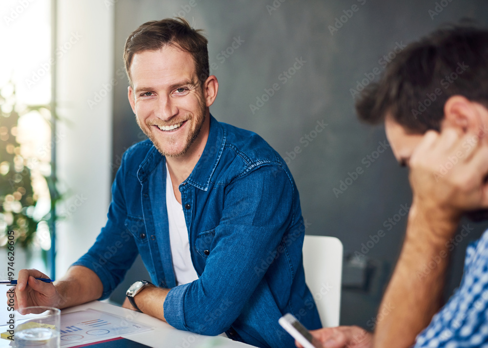 Canvas Prints Creative, workshop and portrait of man in office with smile, confidence and collaboration in meeting. Teamwork, design and business people in conference room with job, career pride and opportunity