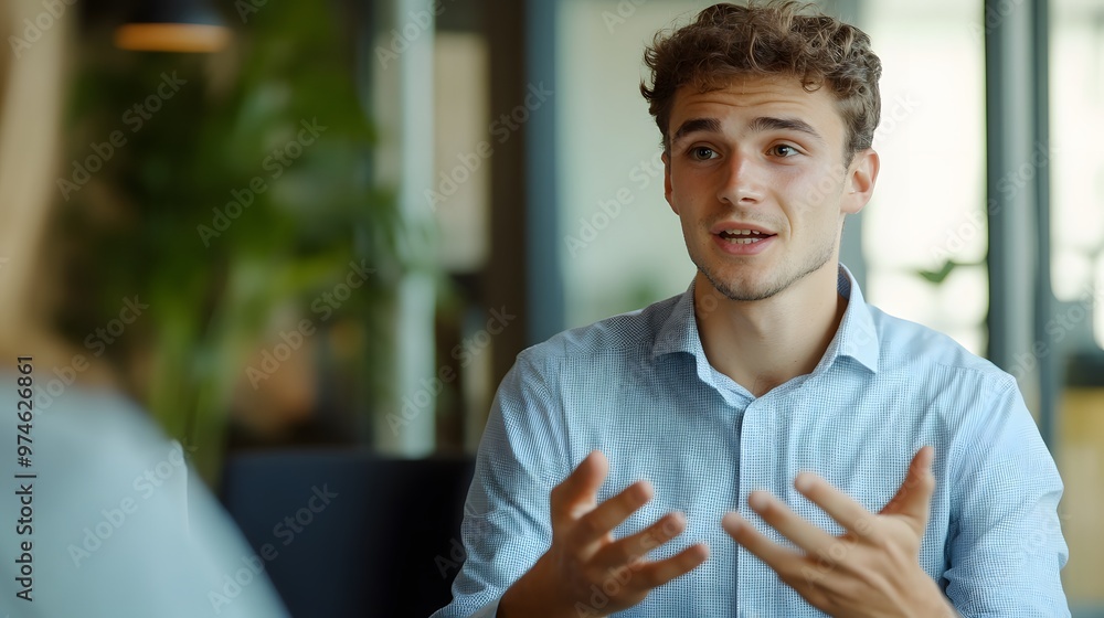 Wall mural Young Man with Curly Hair in a Blue Shirt Talking Enthusiastically