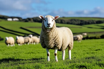 A flock of sheep grazing on a green, rolling hillside on a rural farm