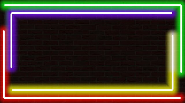 Animation of four neon lines in red, yellow, green, and purple forming a rectangular frame against a brick wall background. 