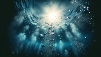 Underwater shot with rising bubbles and light rays breaking through the water surface