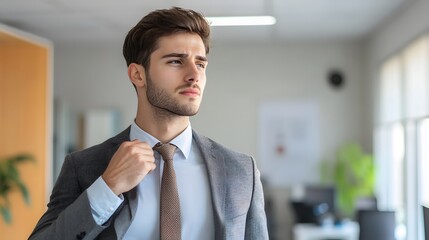 Fototapeta premium Young Man in Suit Adjusting His Tie in Office Setting