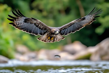 A hawk swooping down toward a river, eyes locked on its fish target just below the surface