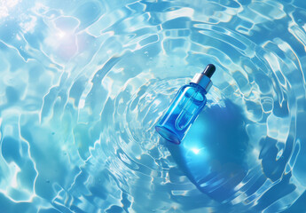 This high-quality close-up image features an elegant blue glass cosmetic bottle mockup, bottle in the water, ideal for showcasing beauty and skincare products